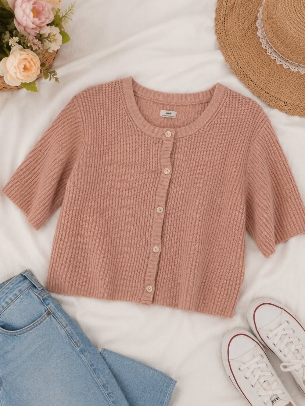 Aerie Pink Cropped Waffle Knit Button Front Cardigan Sweater Women’s Medium - Picture 1 of 7